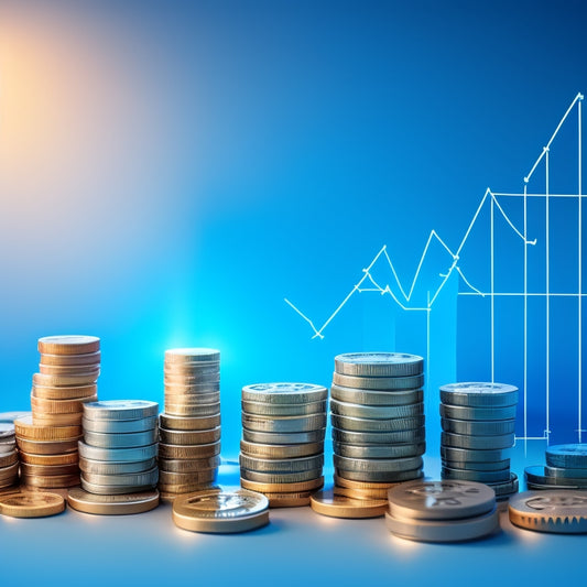 An illustration of a growing chart with ascending arrows, surrounded by coins and gears, set against a gradient blue background, conveying growth, stability, and mechanical efficiency.