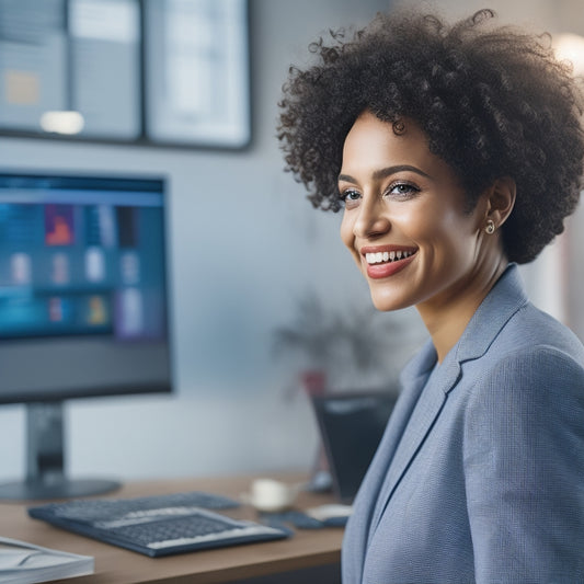 A professional woman with short, curly hair and a bright smile, surrounded by swirling data visualizations, coding screens, and minimalist decor, exuding confidence and creativity in a modern workspace.