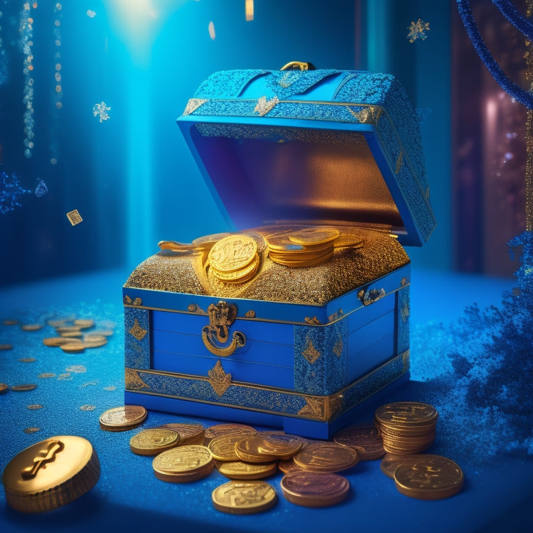A golden key unlocking a treasure chest overflowing with coins, surrounded by a whirlwind of money signs and rising graphs, set against a vibrant blue background with subtle sparkles.