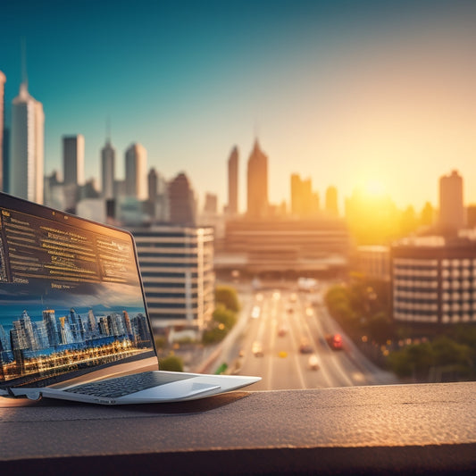 An illustration of a roadmap unfolding into a laptop screen, with a subtle cityscape in the background, featuring a stylized shopping cart and arrows pointing upward, symbolizing growth and success.