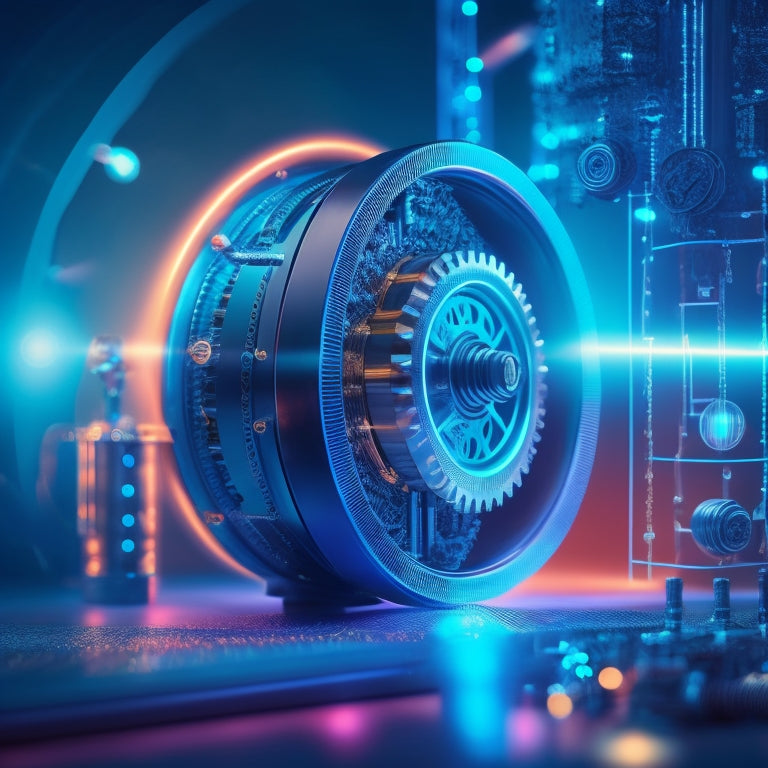 A futuristic, sleek illustration of a sales pipeline, with gears, cogs, and circuits interconnected, surrounded by glowing blue lines and orbs, symbolizing innovation and digital transformation.