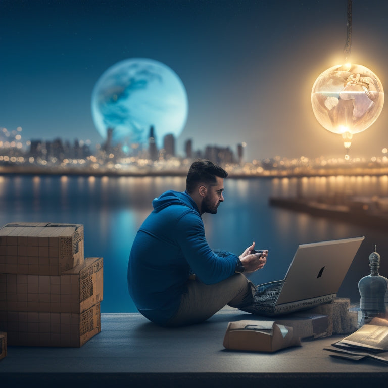 An illustration of a merchant sitting in front of a laptop, surrounded by stacked shipping boxes and a globe, with a subtle cityscape in the background, illuminated by a bright lightbulb.