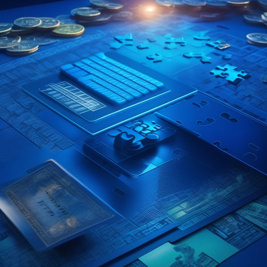A futuristic, high-contrast illustration featuring a puzzle piece fitting into a grid, surrounded by cryptic codes, credit card icons, and subtle money patterns in the background.