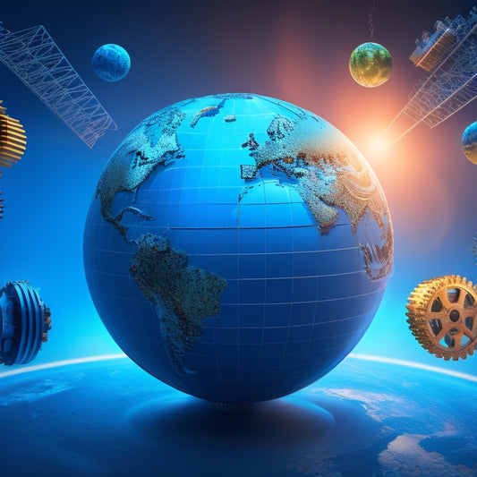 A globe with interconnected gears and cogs, surrounded by rising sales graphs and inventory shelves with stacked boxes, all set against a bright blue background with subtle grid patterns.