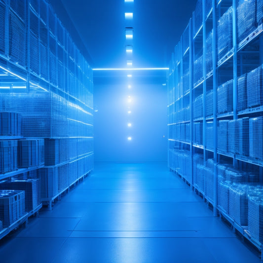 A futuristic, high-tech warehouse with rows of sleek, silver shelves and autonomous robots efficiently sorting and processing packages, amidst a backdrop of glowing blue lights and holographic screens.