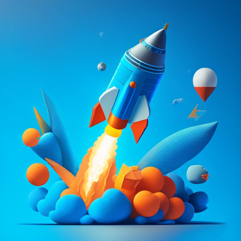 A stylized, minimalist illustration of a rocket ship blasting off, surrounded by abstract brand elements like logos, patterns, and icons, set against a bold, gradient blue background.