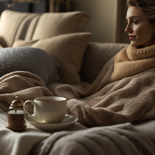 A warm and inviting scene featuring a person snuggled up on a plush couch, wearing the Sidney Sweatshirt in a soft, muted color, surrounded by throw blankets, pillows, and a steaming cup of hot tea.