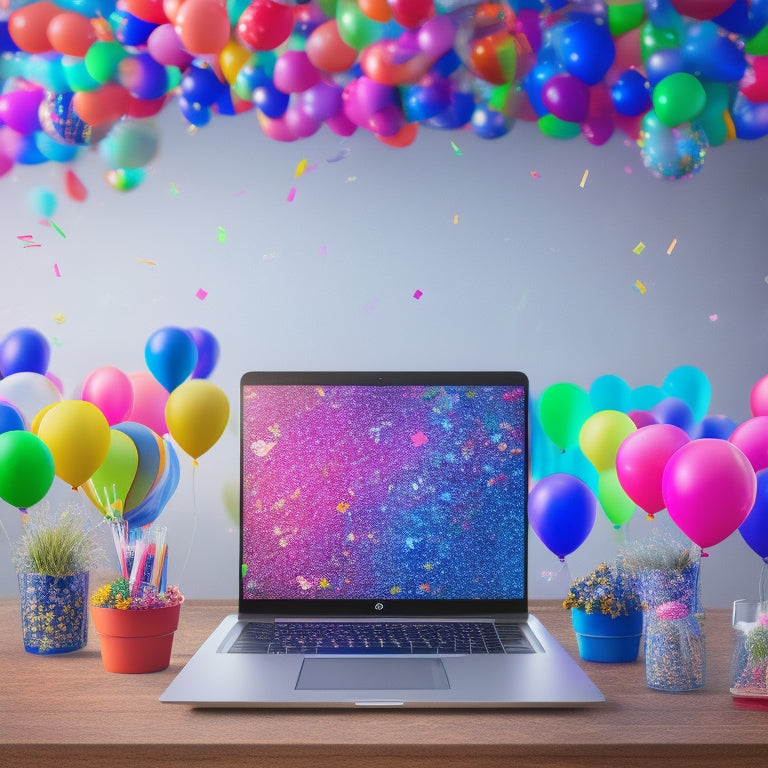 A vibrant illustration of a laptop screen displaying a colorful digital download library, surrounded by excited customers interacting with tablets and smartphones, amidst swirling clouds of confetti and balloons.