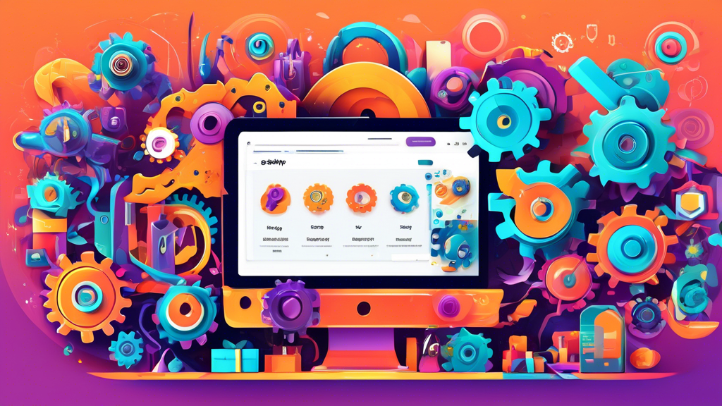 A vibrant and dynamic digital art representation of a product page on Shopify, featuring various apps seamlessly integrated to optimize SEO. The image should showcase a captivating blend of product im