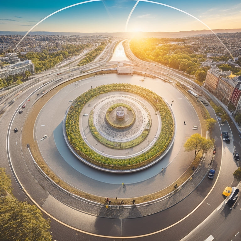 A winding road with various touchpoints (speech bubbles, smartphones, laptops) illustrating customer interactions, converging into a bright, glowing circle, surrounded by happy, diverse customers and a subtle cityscape.