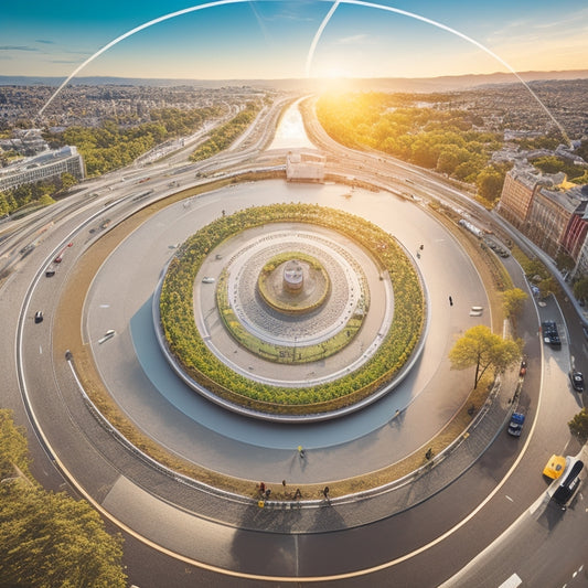 A winding road with various touchpoints (speech bubbles, smartphones, laptops) illustrating customer interactions, converging into a bright, glowing circle, surrounded by happy, diverse customers and a subtle cityscape.