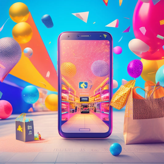 A colorful, stylized illustration of a smartphone screen displaying a bustling shopping mall scene, with various e-commerce apps and icons floating around, surrounded by shopping bags and confetti.