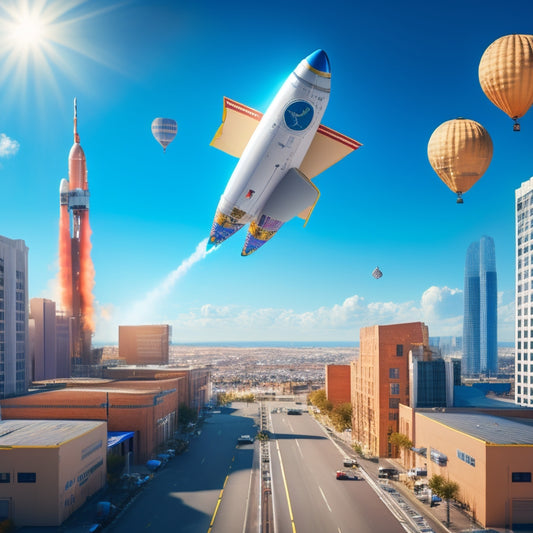 An illustration of a rocket ship blasting off, surrounded by shopping bags and parcels, with a cityscape of warehouses and distribution centers in the background, set against a bright blue sky with fluffy white clouds.