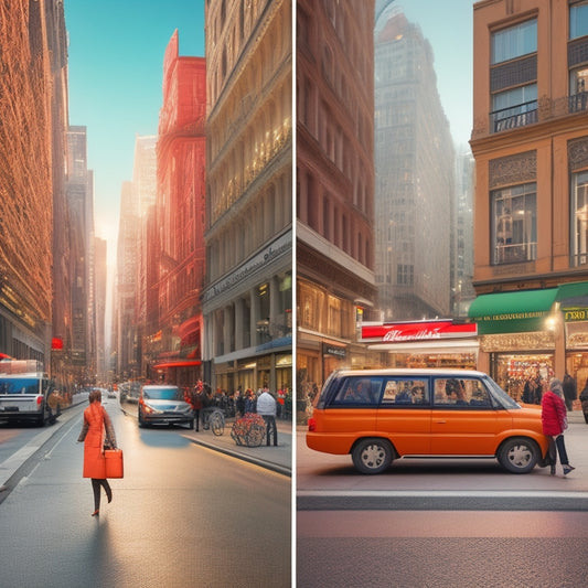 A split-screen image: on the left, a bustling city street with empty storefronts and few pedestrians, while on the right, a busy online shopping interface with flying shopping carts and rising sales graphs.