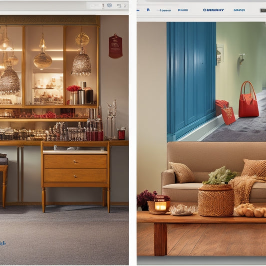 A split-screen image: on the left, a dimly lit, cluttered online storefront with few customers, versus a bright, modern, and bustling e-commerce site on the right, overflowing with happy shoppers and flying dollars.