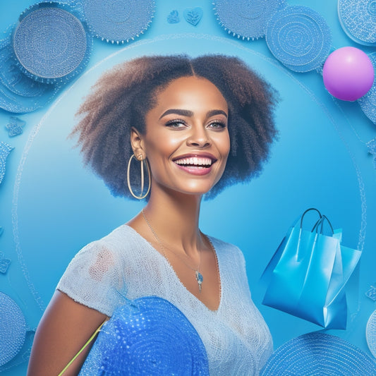 An illustration of a smiling customer surrounded by concentric circles of interconnected gears, with shopping bags and hearts orbiting around them, set against a soft, gradient blue background.