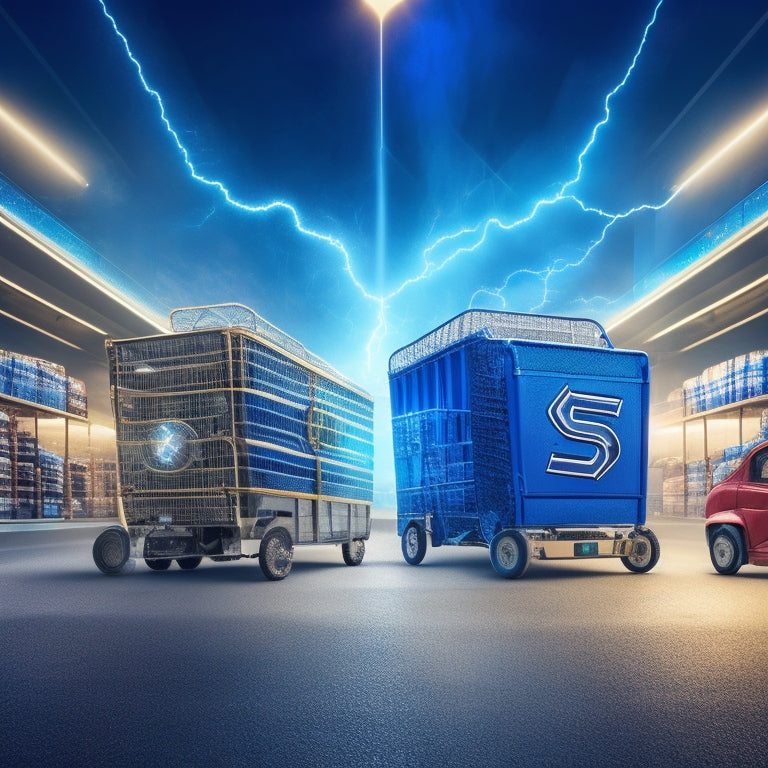 An illustration of two titans, one with a "S" emblem and the other with a "B" emblem, clashing with lightning bolts and shattered screens in the background, surrounded by e-commerce elements like shopping carts and packages.