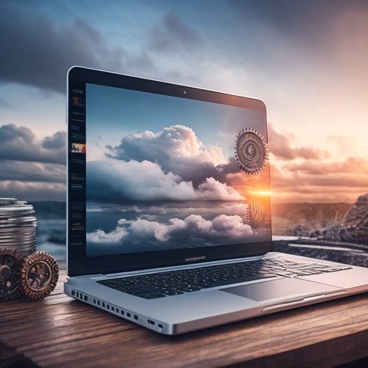 An illustration of a laptop with a downloading icon on the screen, surrounded by gears, clouds, and a subtle speedometer in the background, conveying efficiency and speed.