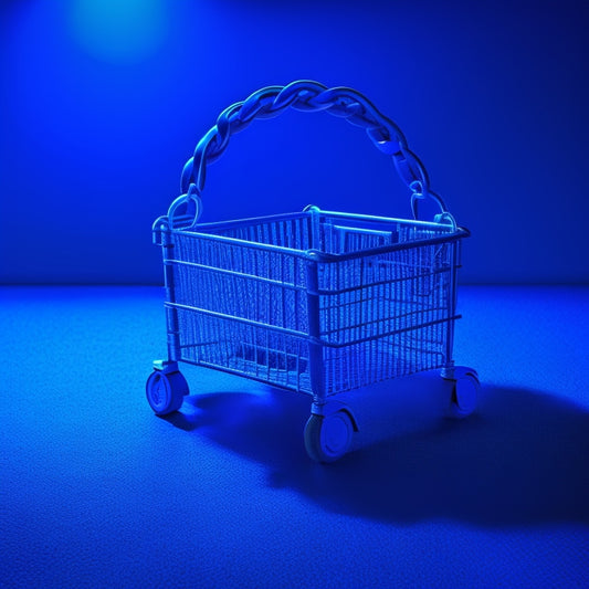 A puzzle piece with a shopping cart icon in the center, surrounded by broken chains, padlocks, and tangled threads, set against a dark blue background with subtle grid lines.