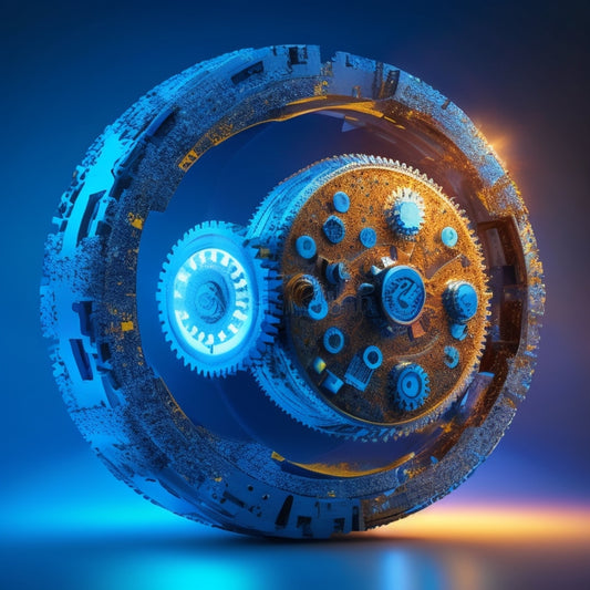 A futuristic, spherical puzzle with interconnected gears, cogs, and circuits, surrounded by a halo of light, with Adobe Commerce's logo subtly integrated into the design, set against a dark, gradient blue background.