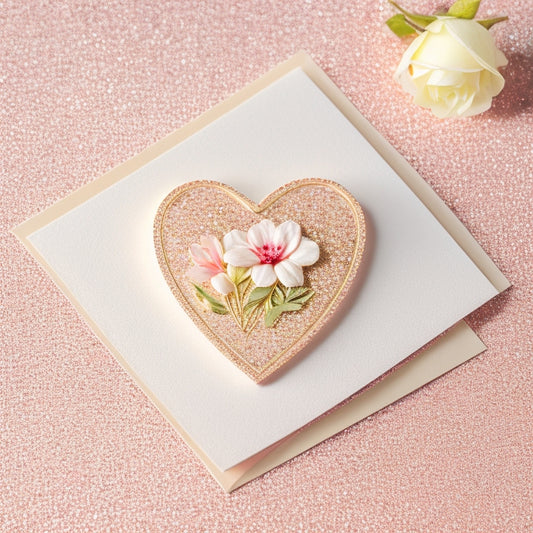 A delicate, cream-colored handmade card with a soft, watercolor floral pattern, adorned with a tiny paper clip holding a miniature paper heart, surrounded by subtle, shimmering glitter.