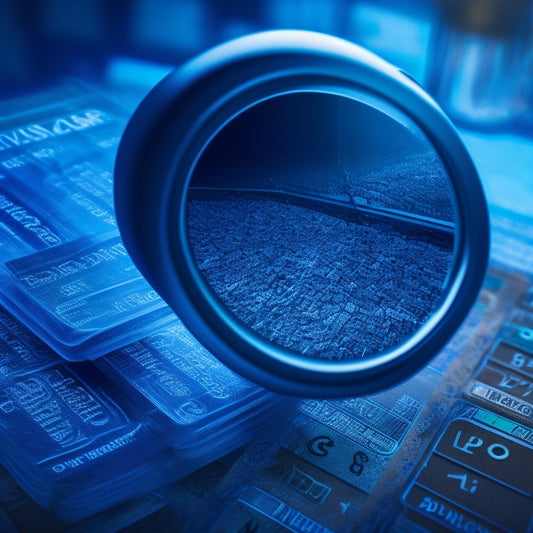An abstract illustration of a magnifying glass hovering above a cracked online shopping cart, surrounded by shattered credit cards, suspicious shadows, and subtle hints of binary code in the background.