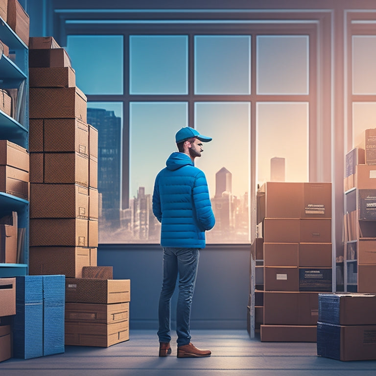 A stylized illustration of a person standing in front of a laptop, surrounded by organized shelves, shipping boxes, and a clock, with a subtle cityscape or warehouse background.