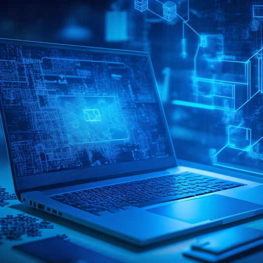 A futuristic, glowing laptop screen displaying a wireframe of an e-commerce website, surrounded by scattered puzzle pieces, gears, and coding symbols, set against a dark blue background with subtle circuit board patterns.