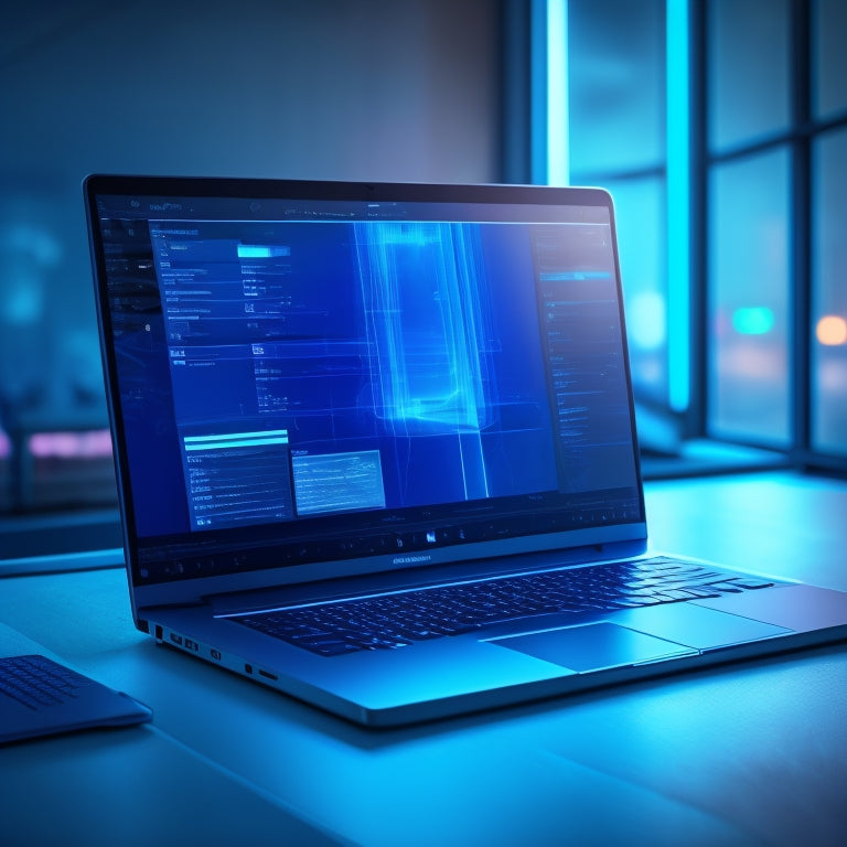 A futuristic, sleek laptop screen displaying a website's backend, with coding lines and diagrams, surrounded by creative design elements, and subtle glow effects, set against a dark blue background.
