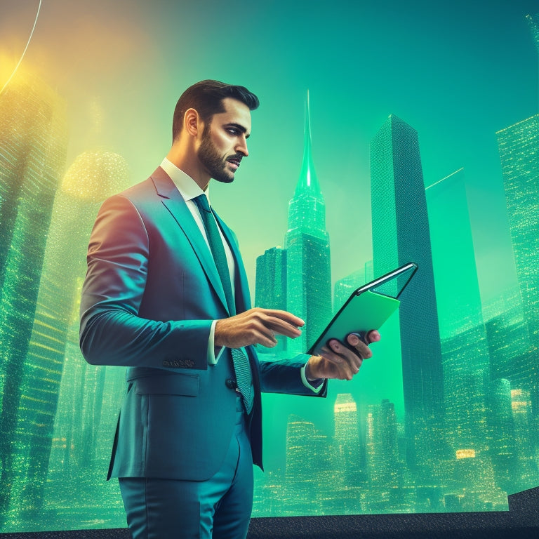 A stylized illustration of a businessman standing in front of a cityscape, holding a tablet with a green graph trending upward, surrounded by swirling arrows and miniature credit cards.