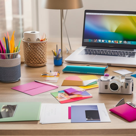 A colorful, modern desk scene with a laptop, a stack of customizable thank-you cards in various colors and designs, and a few scattered branded pens and business cards.