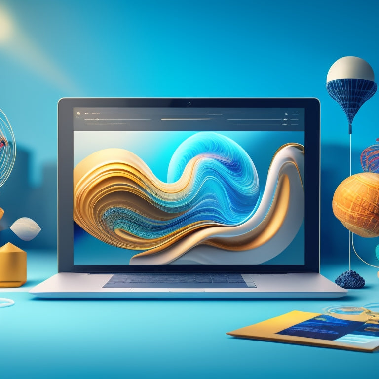 An illustration of a stylized online storefront with digital products floating out of a laptop screen, surrounded by swirling lines and shapes, conveying speed, innovation, and limitless possibilities.