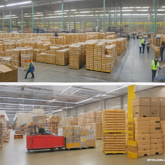 A split-screen image: on the left, a cluttered warehouse with boxes and parcels scattered around, with a few workers looking frazzled; on the right, a tidy and organized warehouse with efficient workers and a few Amazon boxes with a green checkmark.