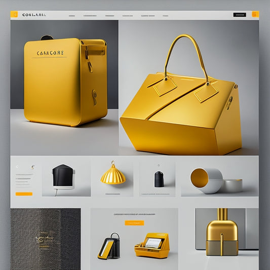 A futuristic e-commerce website with sleek, modern templates on various devices, surrounded by trendy design elements like geometric shapes, bold colors, and minimalist icons.