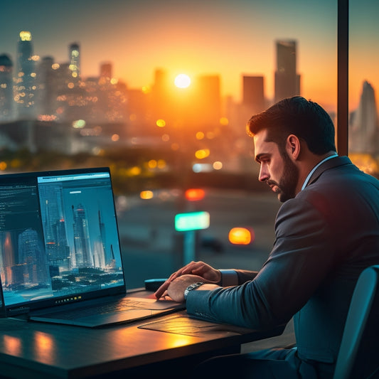 An image of a person sitting in front of a laptop with a cityscape at sunset in the background, surrounded by charts, graphs, and shopping bags, with a subtle glow around the laptop screen.