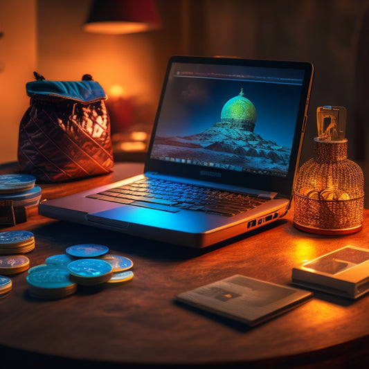 A stylized illustration of a merchant's table with a laptop and credit card reader, surrounded by coins and shopping bags, with a subtle glow emanating from the laptop screen.