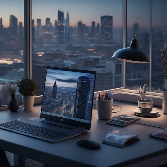 A sleek, modern desk with a silver laptop, surrounded by scattered editorial magazines and a few scattered coffee cups, amidst a blurred cityscape background at dusk.