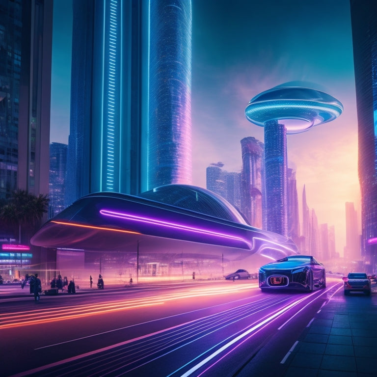 A futuristic, neon-lit cityscape with sleek skyscrapers and holographic advertisements, surrounded by autonomous delivery drones and hyperloop tubes, with a giant, glowing shopping bag at the center.
