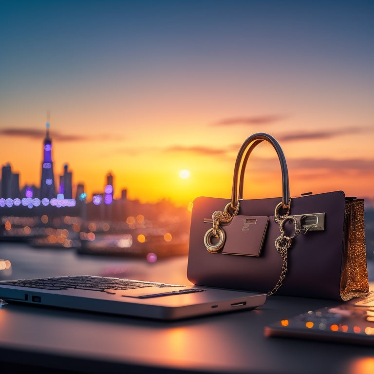 A stylized, modern key unlocking a virtual lock, surrounded by shopping bags, laptops, and credit cards, set against a blurred cityscape at sunset, with subtle digital circuits and nodes in the background.