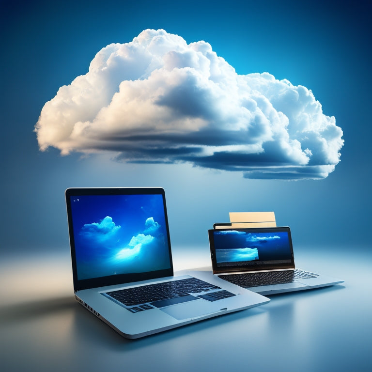 A stylized, modern illustration of a laptop and smartphone surrounded by swirling clouds of 1s and 0s, with digital files and folders floating upwards, symbolizing effortless ecommerce success.