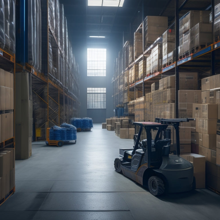 A cluttered warehouse with overflowing shelves, scattered boxes, and a forklift stuck in a narrow aisle, contrasted with a tidy, organized section in the background with labeled bins and a efficient robot arm.