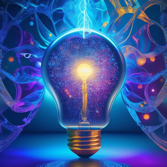 A stylized illustration of a lightbulb exploding into a kaleidoscope of colors, with swirling curves of digital code and artistic elements, set against a dark blue background with subtle circuit board patterns.