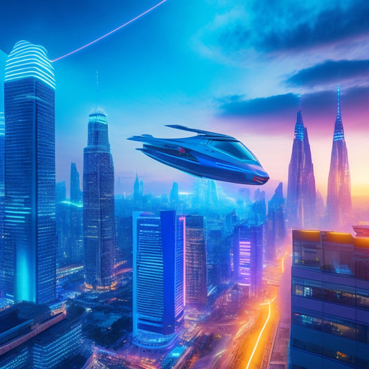 A futuristic, neon-lit cityscape at dusk with sleek skyscrapers and flying drones, featuring a prominent, glowing blue jetpack-wearing pilot soaring above a swirling vortex of shopping bags and packages.