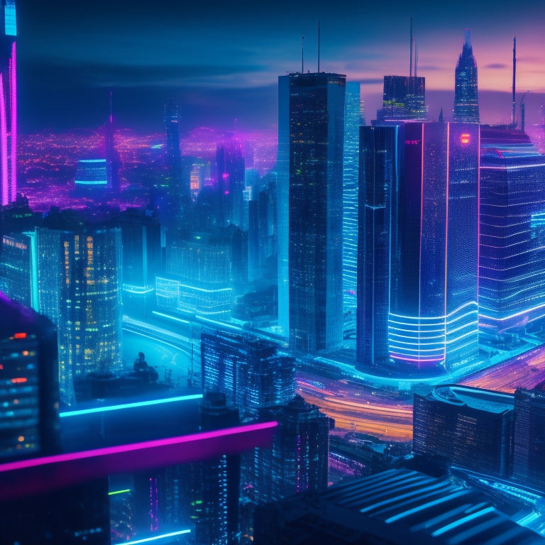A futuristic, neon-lit cityscape with sleek skyscrapers, surrounded by orbiting customer profiles with glowing loyalty badges, interconnected by pulsing, colorful lines, symbolizing seamless engagement and rewards.