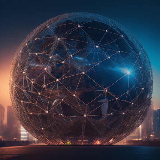 A futuristic, spherical structure composed of interconnected gears, circuits, and neon-lit fibers, surrounded by orbiting shopping carts, with a subtle cityscape silhouette in the background.