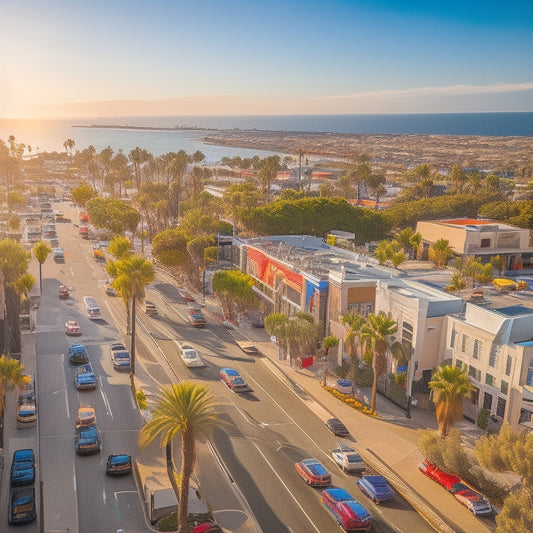 A sunny, aerial view of Redondo Beach's bustling downtown area, featuring a vibrant mix of boutique shops, restaurants, and offices surrounded by palm trees and colorful street art.