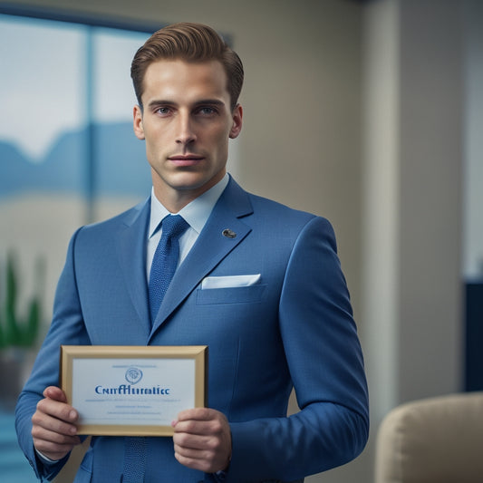 A triumphant individual, dressed in business attire, stands confidently in front of a giant certification badge with a subtle CPFPP logo, surrounded by scattered study materials and a calm background.