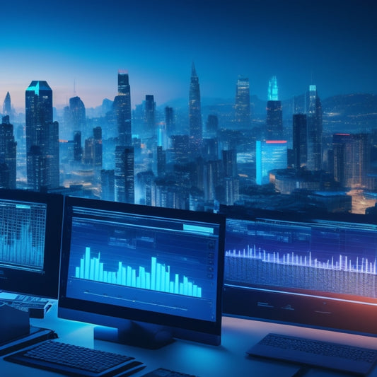 A futuristic dashboard with glowing blue graphs and charts, surrounded by laptops, tablets, and smartphones, with a subtle background of a cityscape at dusk, symbolizing online learning and ecommerce growth.