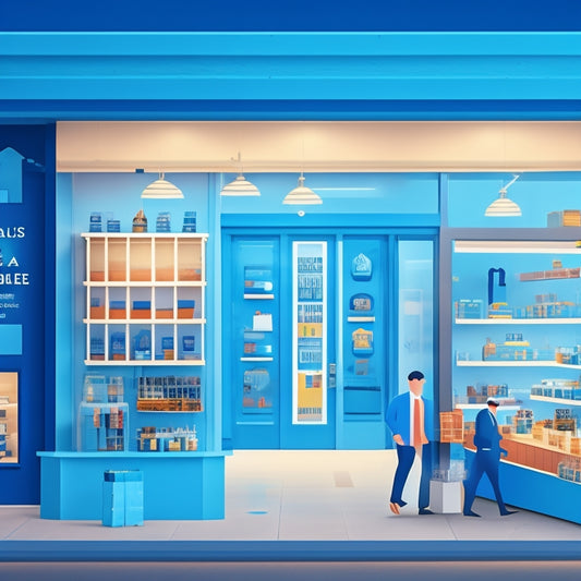 A stylized illustration of a puzzled ecommerce storefront transforming into a streamlined, organized shop with a smiling sales chart in the background, surrounded by calming blue hues.