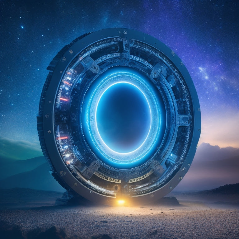 A futuristic, glowing portal with sleek, metallic edges, surrounded by orbiting gears and circuits, against a dark, starry night sky, with subtle, pulsing lights emanating from the center.